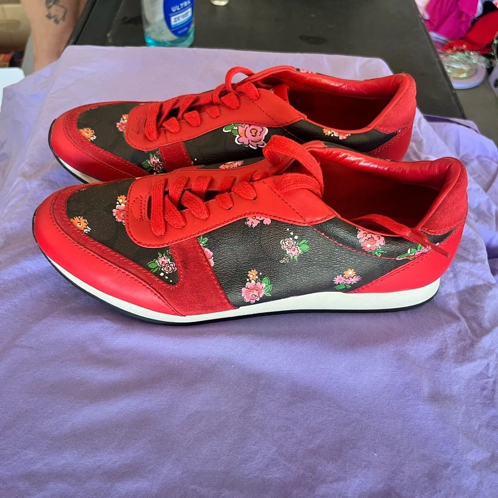 Coach Red and Black Floral Sneakers - Picture 2 of 5